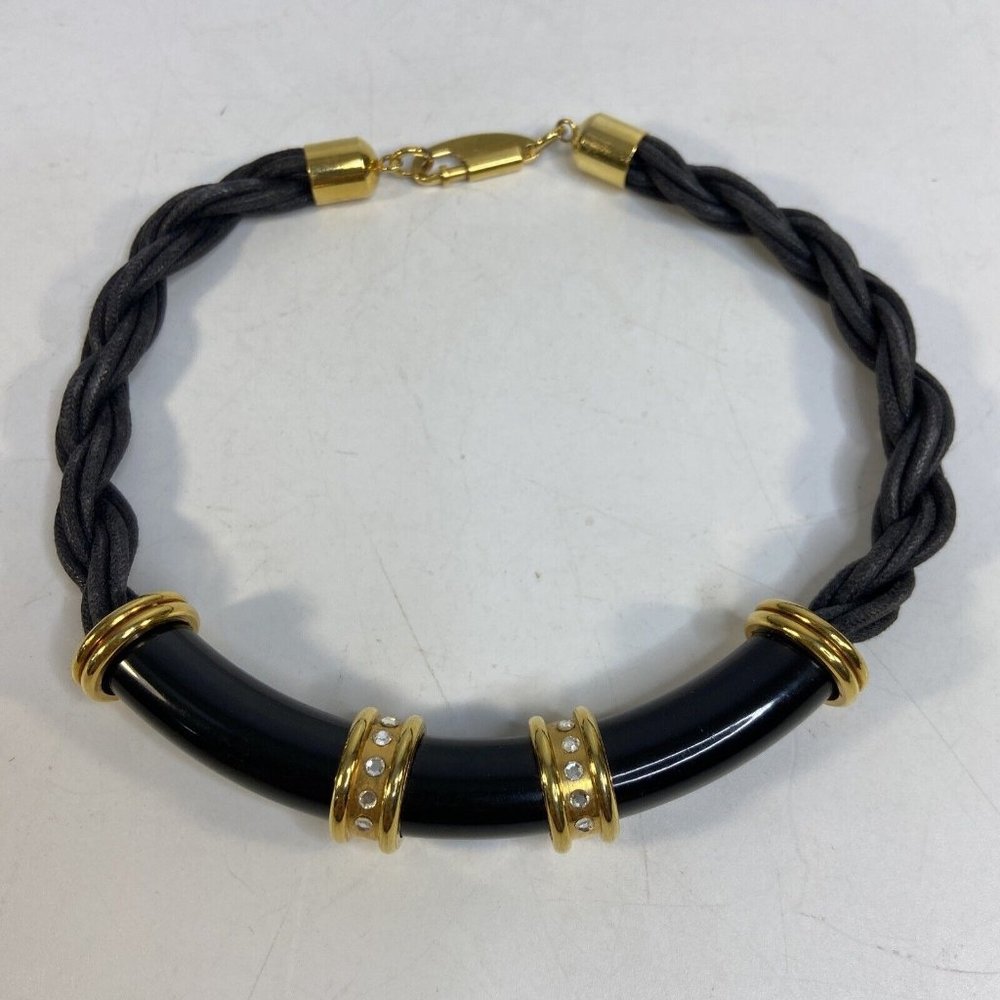 Laurana Black Enamel Collar Necklace Rhinestone Cuffs GoldTone Signed Italy Rare
